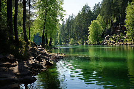 森林中的一片湖泊图片