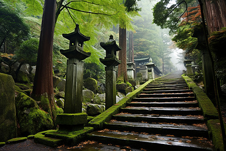 林间静谧山寺高清图片