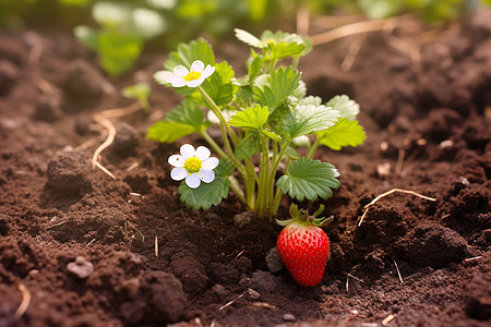 一颗草莓植株正从泥土中长出图片