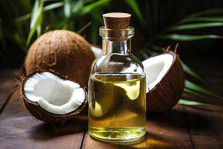 椰子油与新鲜椰子背景图片