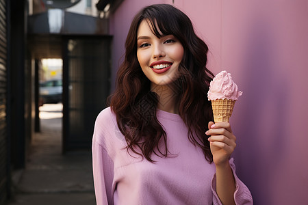 举着冰淇淋微笑的女人背景图片