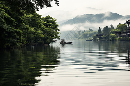 湖畔迷雾风景图片