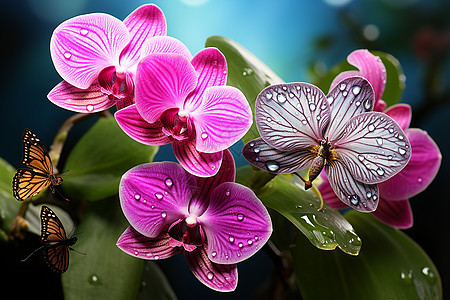蝴蝶舞动中的紫色兰花图片