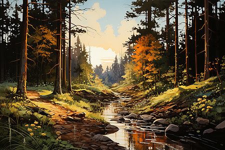 阳光照耀的森林小溪图片