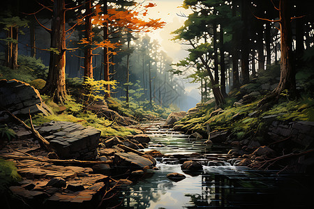 美丽的森林小溪背景图片