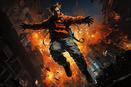 城市起火跳跃的男性背景图片