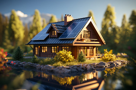 映照在池塘中的房屋模型图片