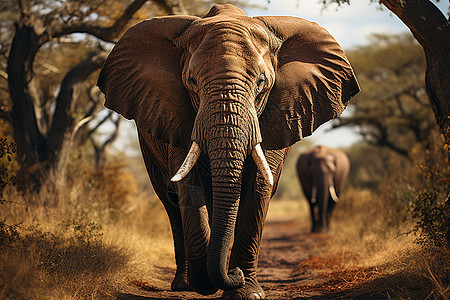 大象漫步在野外的泥路上图片