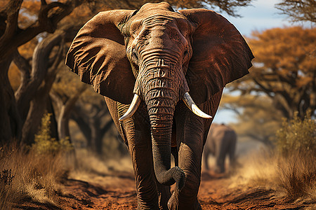 野生大象在泥土道路上漫步图片