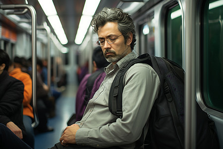 地铁上疲惫的中年男子背景图片