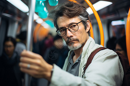 地铁上戴着眼镜的商务男性图片