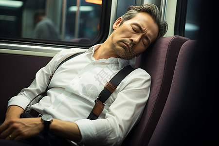 车厢座位上睡觉的男子背景图片
