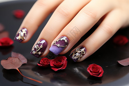 手指触屏手指上美丽的美甲和玫瑰花背景