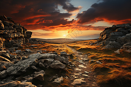 壮丽日落下的岩石小径背景图片