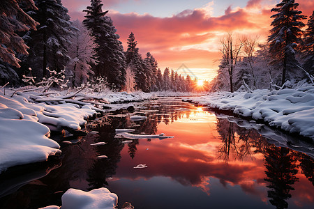 黄昏森林大雪的森林背景