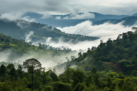 美丽景色雾蒙蒙的山丘背景