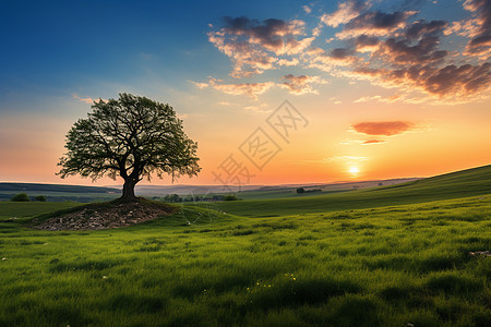 夕阳下孤独的树图片