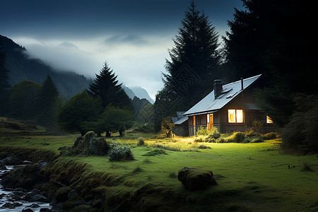 夏季山谷中的木屋建筑景观图片
