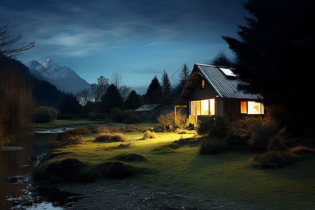 丛林木屋风景优美的山谷木屋建筑背景