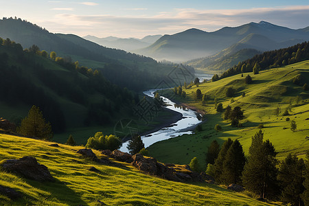 山谷里蜿蜒的河流图片