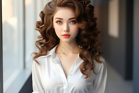 优雅白衣长发女子站在窗边艾麗娜·卡里莫娃的红领结点缀逼真上色完美面容逼真绘画中的洛可可风情图片