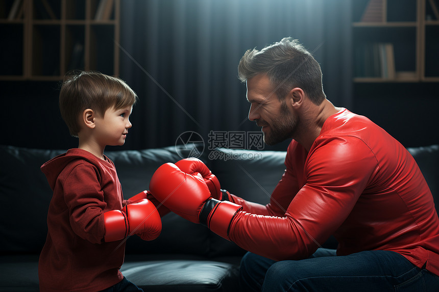 父子俩戴着红色拳击手套图片