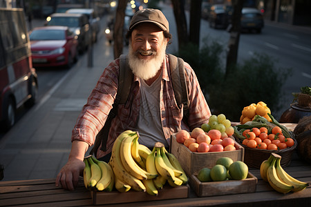 街头贩卖水果的中年男子背景图片