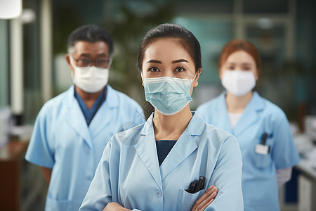 一组戴着口罩和手术衣的医生背景图片