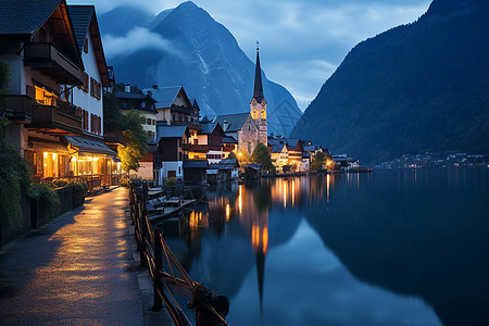 美丽的小镇夜晚下的山间湖光小镇背景