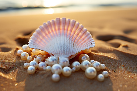 沙滩上的海贝和珍珠图片