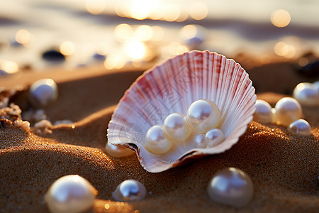 金色海滩上的贝壳和珍珠图片