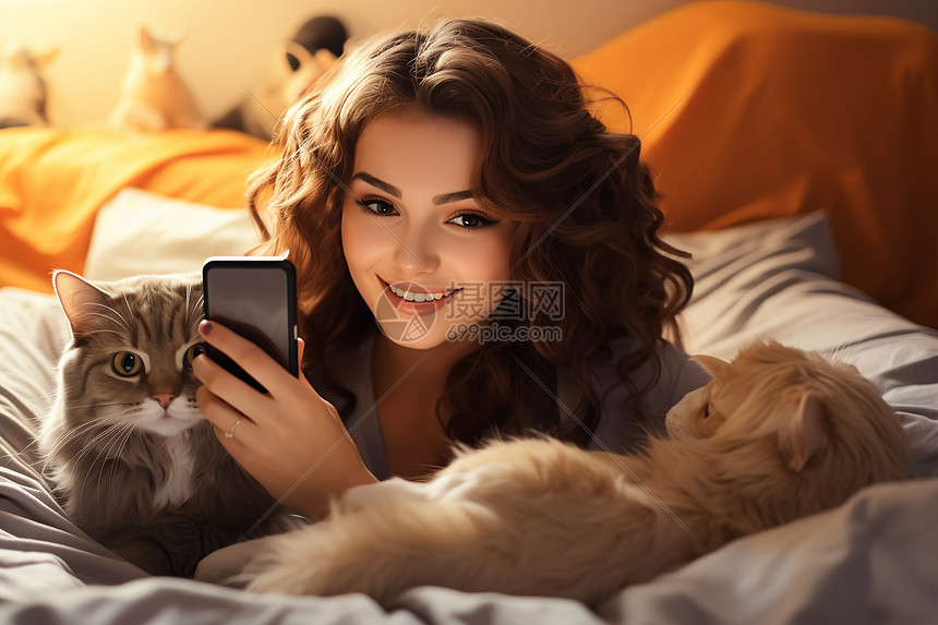 手持手机的女士与两只猫图片