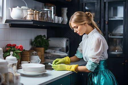 美丽的女子在厨房做家务背景图片