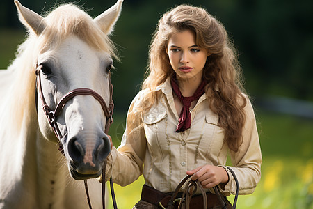 牧场上的女孩和她的马图片