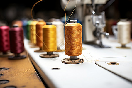 缝纫机上的一排线轴图片