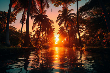 热带树木夕阳下的水域和树木背景
