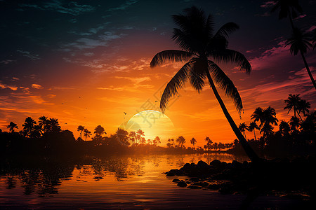 日落时岸边的棕榈树图片