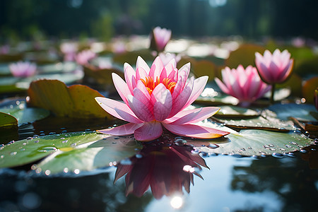 池塘上漂浮着一朵粉色莲花图片