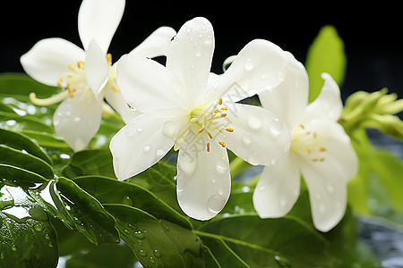 挂满水滴滴新鲜白色花朵图片