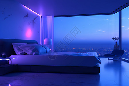夜幕下的极简家居卧室场景背景图片