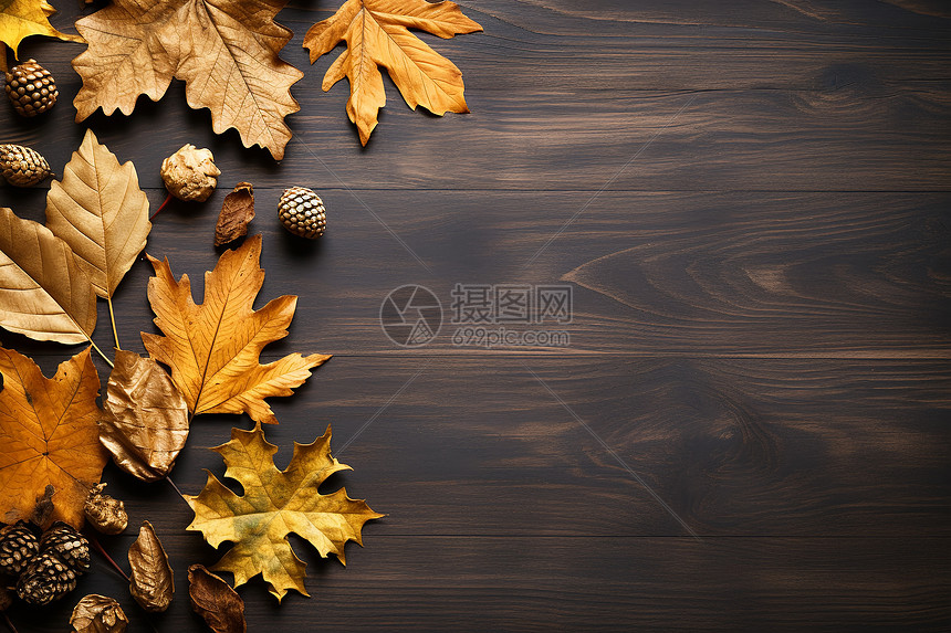 木板上的秋日枫叶图片