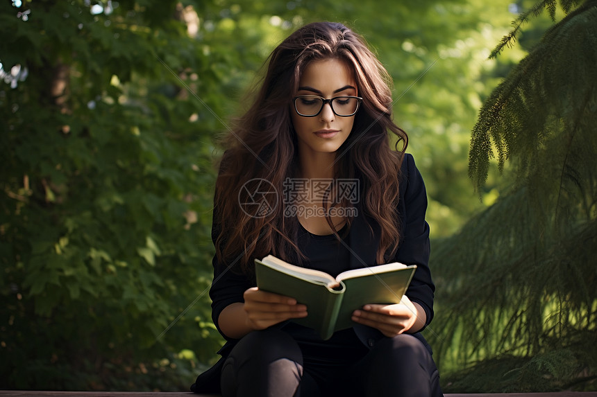 青年女子在长凳上读书图片