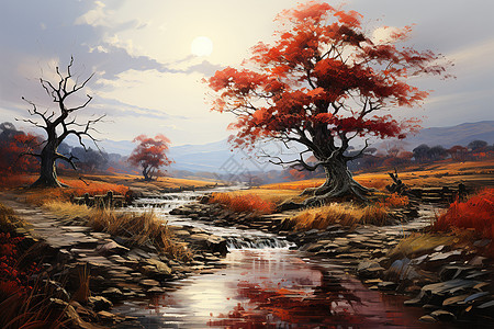 秋季河畔丛林图片