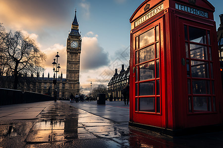 伦敦传统地红色电话亭图片