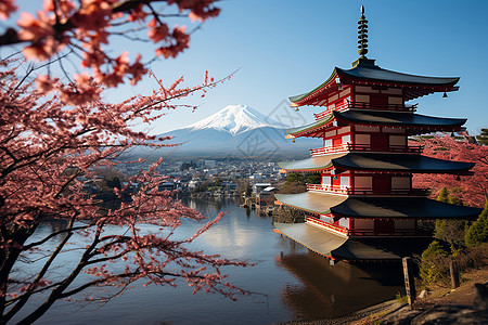 东京樱花樱花下山古塔背景