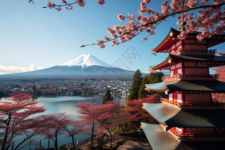 樱花树下的富士山图片