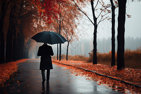 秋天街头一个人撑着雨伞在街头背景
