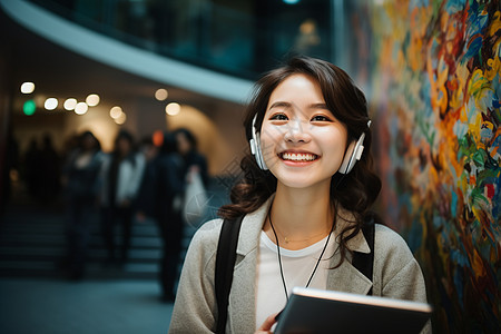 女孩带着耳机微笑图片