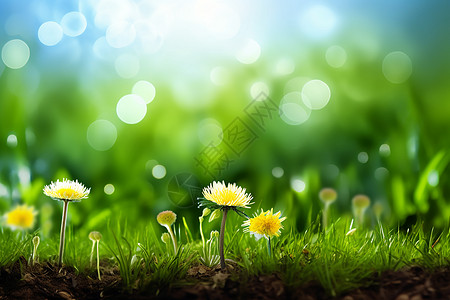 蒲公英插画蓝色的草地植物背景
