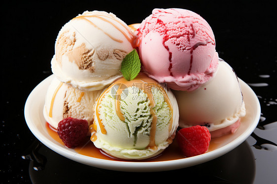 桌面上美味的糖浆冰淇淋图片